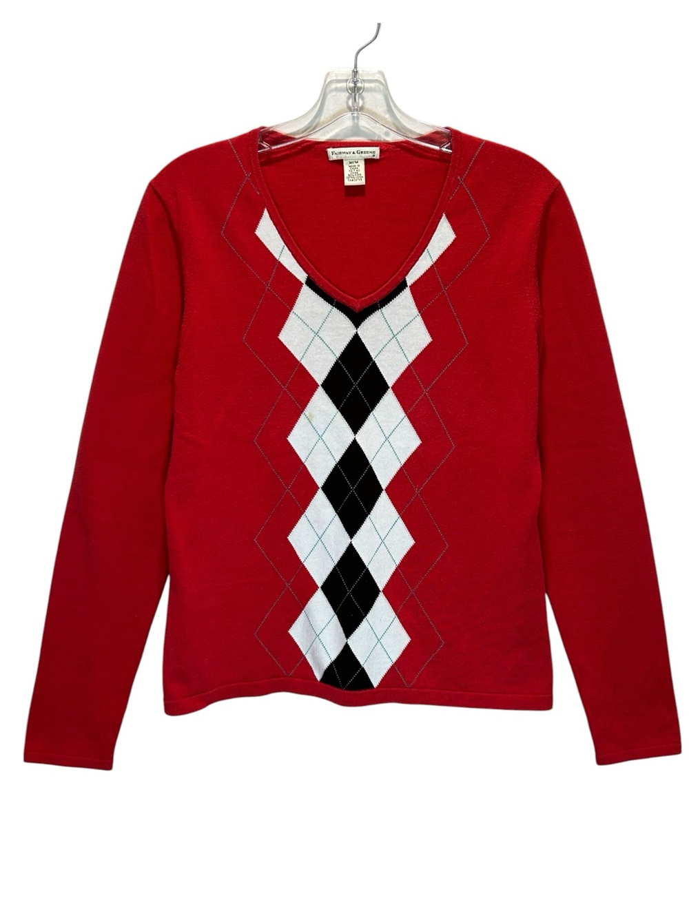 VTG Fairway & Greene Women’s Red Argyle Pima Cotton V-Neck Sweater - Medium